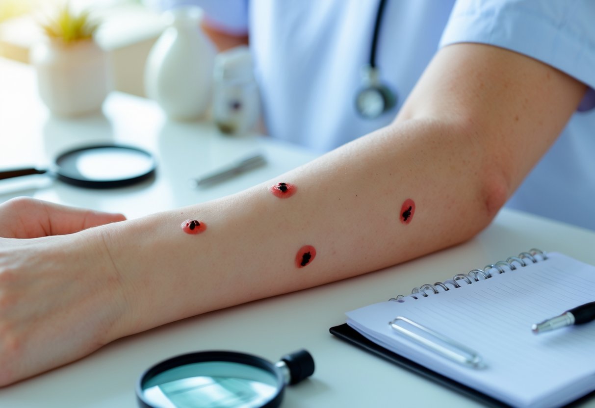 Close-up of a forearm with red bite marks and skin irritation next to medical tools on a white surface.