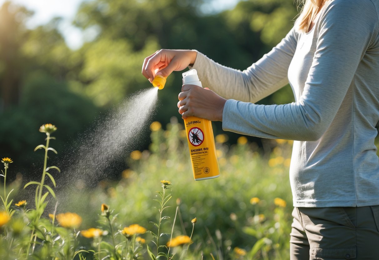 Person outdoors applying insect repellent spray on their arms near green plants.