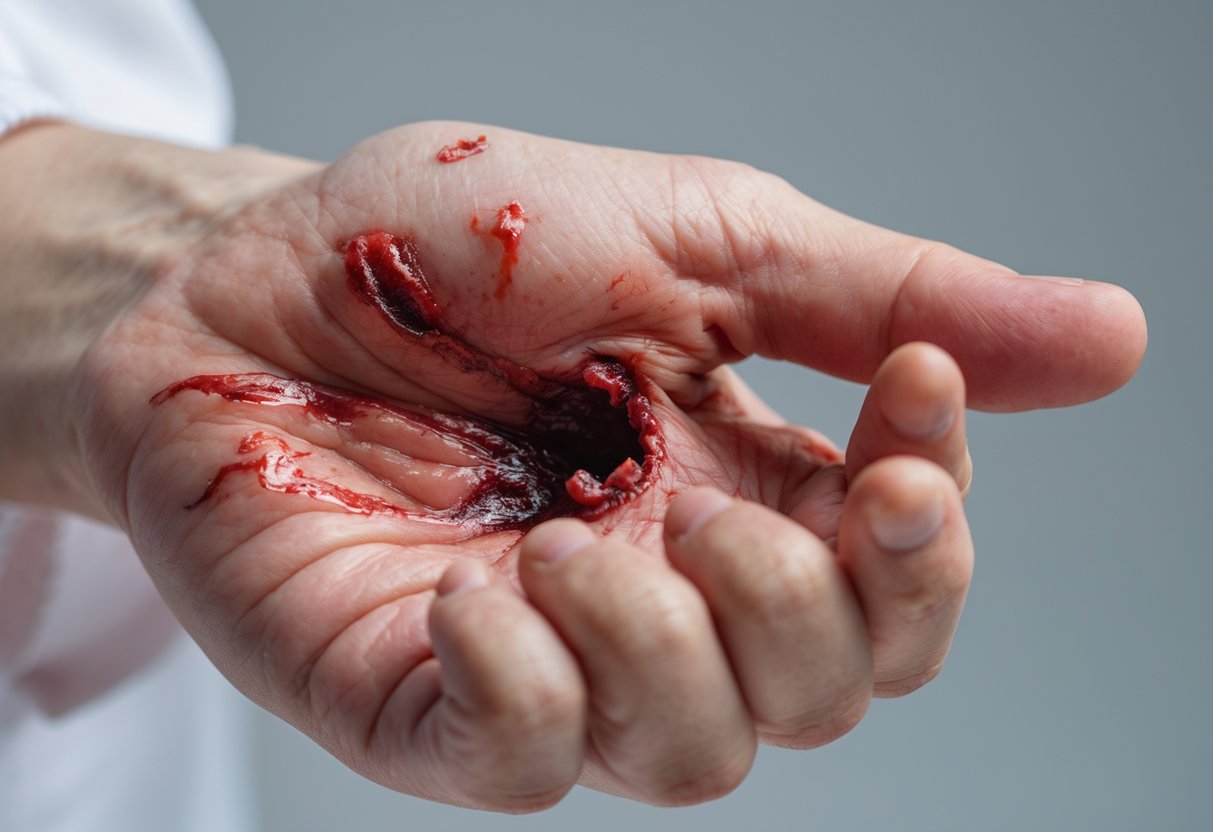 Close-up of a human hand with a swollen, red, and inflamed infected bite wound showing signs of spreading infection.