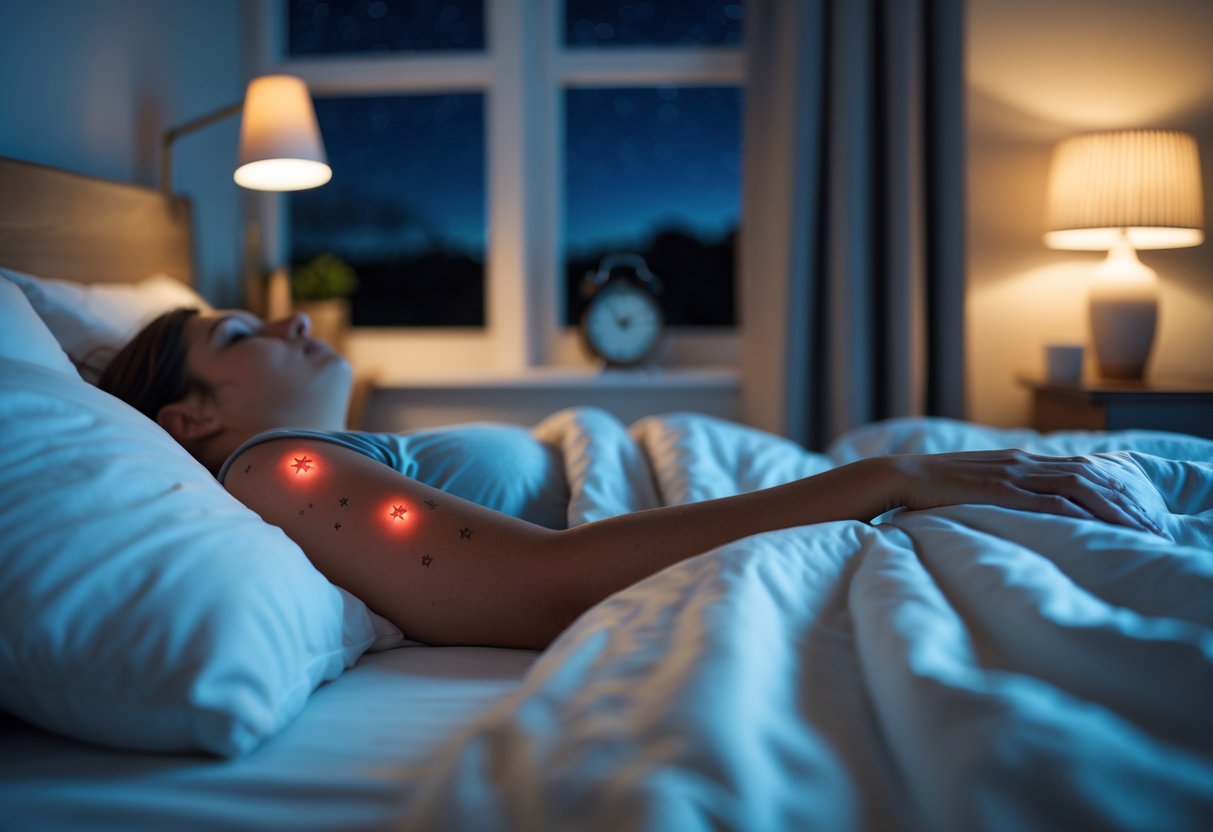Person lying in bed at night with red bite marks on their arm in a softly lit bedroom.
