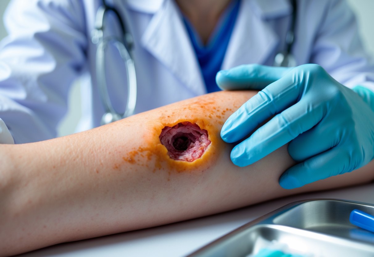Close-up of a swollen, red bite wound on a person's forearm being examined by a healthcare professional wearing gloves in a clinical setting.