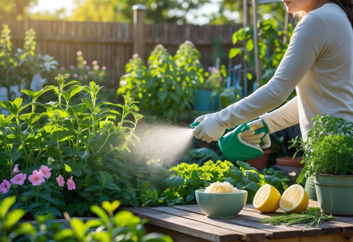 A person spraying natural insect repellent on plants in a garden surrounded by flowers and greenery.