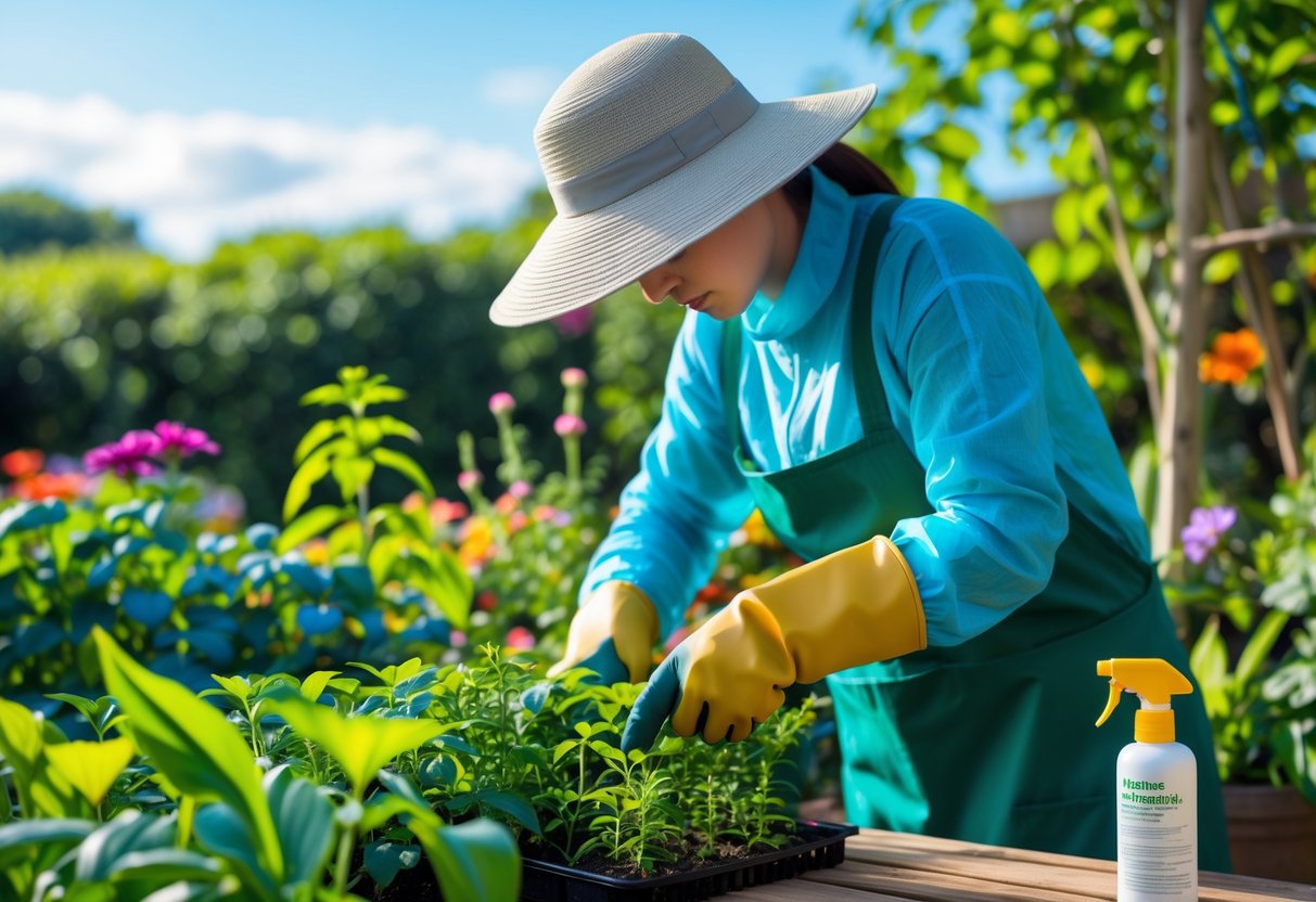 A person wearing protective clothing gardening in a lush garden with plants and flowers on a sunny day.