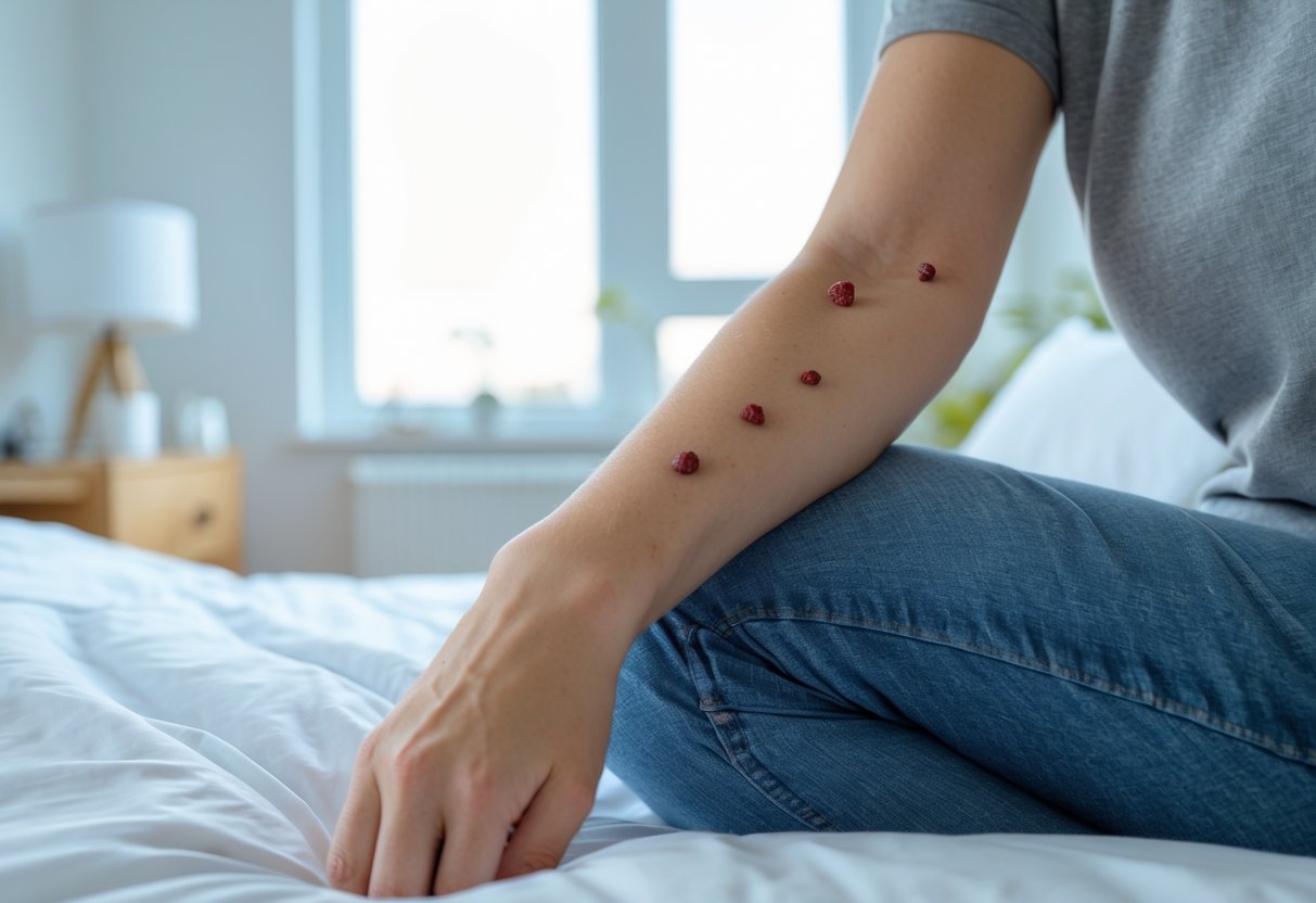 Person sitting on the edge of a bed looking at red insect bites on their arm with a puzzled expression.