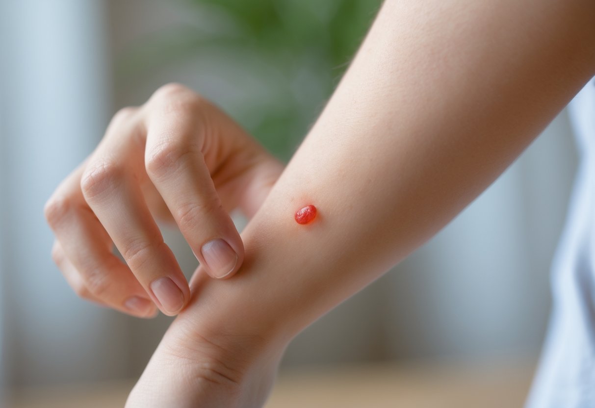 Close-up of a person scratching a red, swollen insect bite on their forearm.