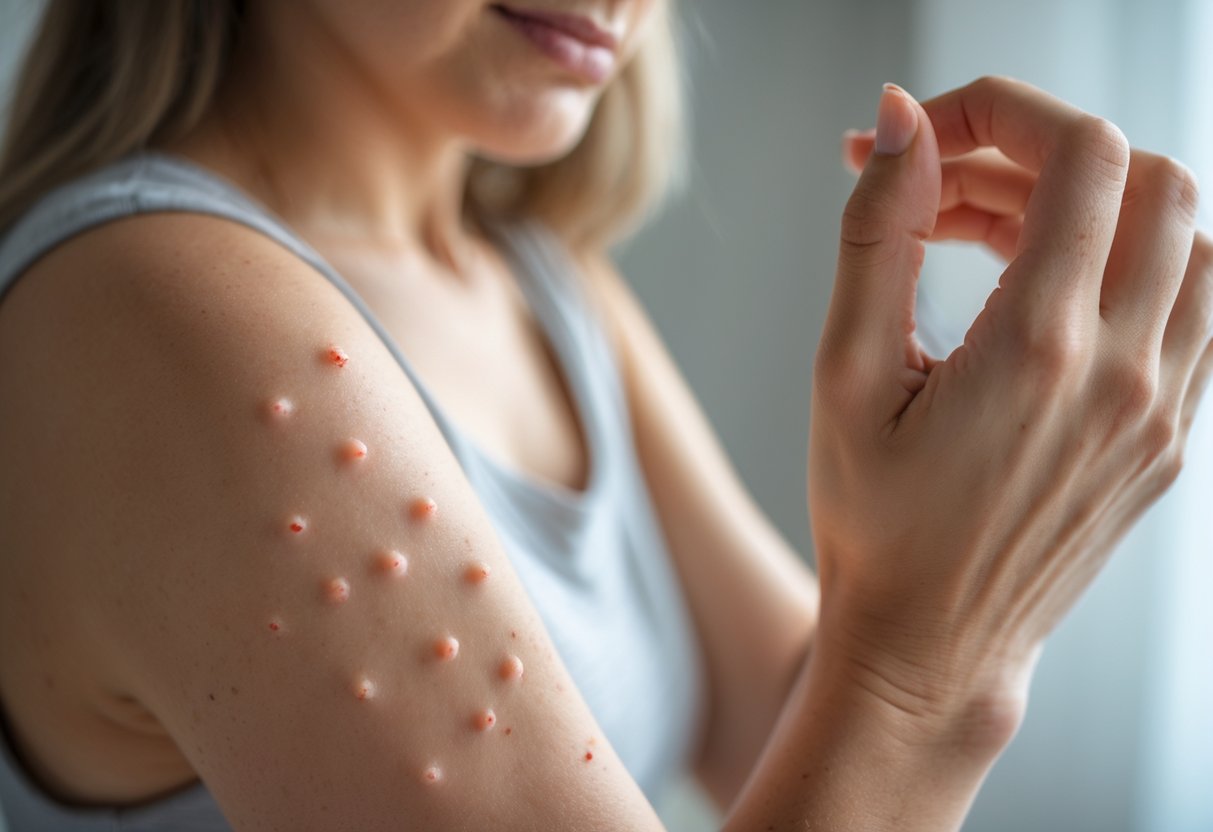 Close-up of a person's arm with red itchy bumps while they scratch the area, showing discomfort.