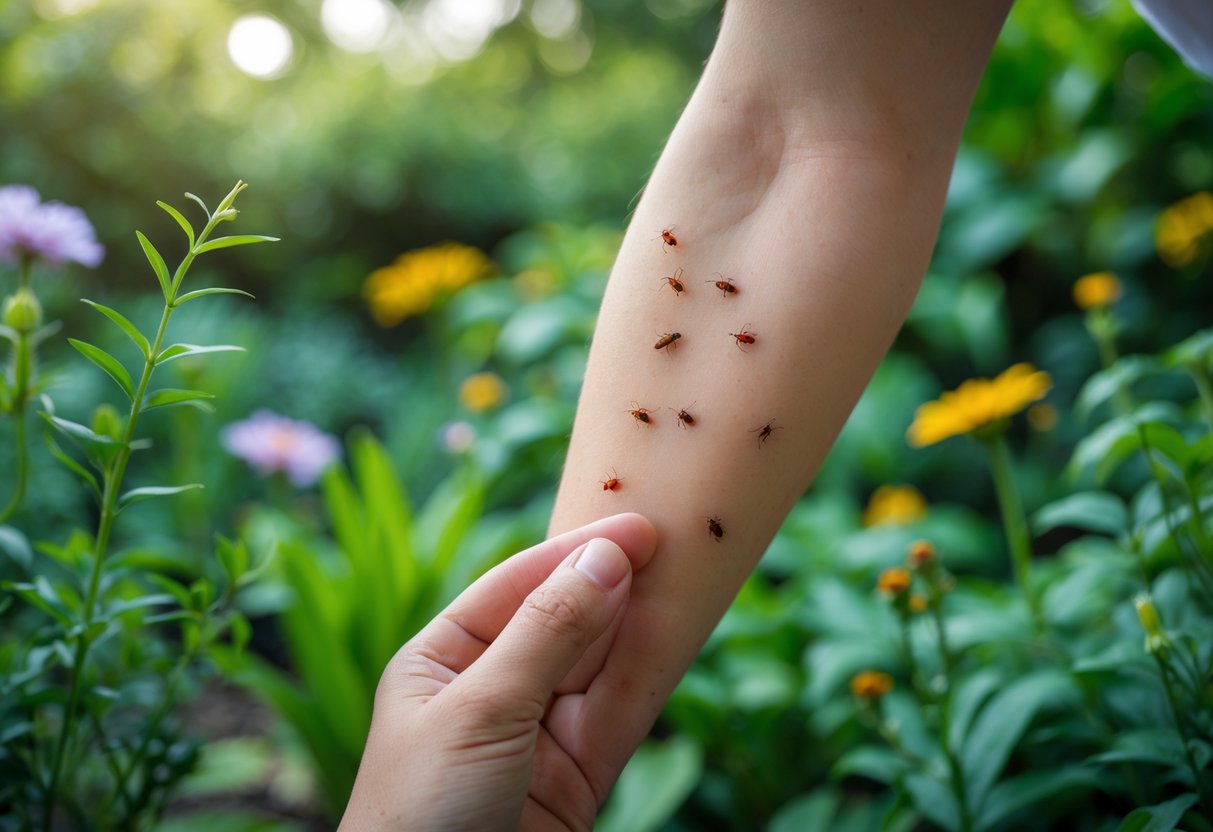 A person's arm with red insect bites being gently scratched, set against a green garden background with plants and insects.