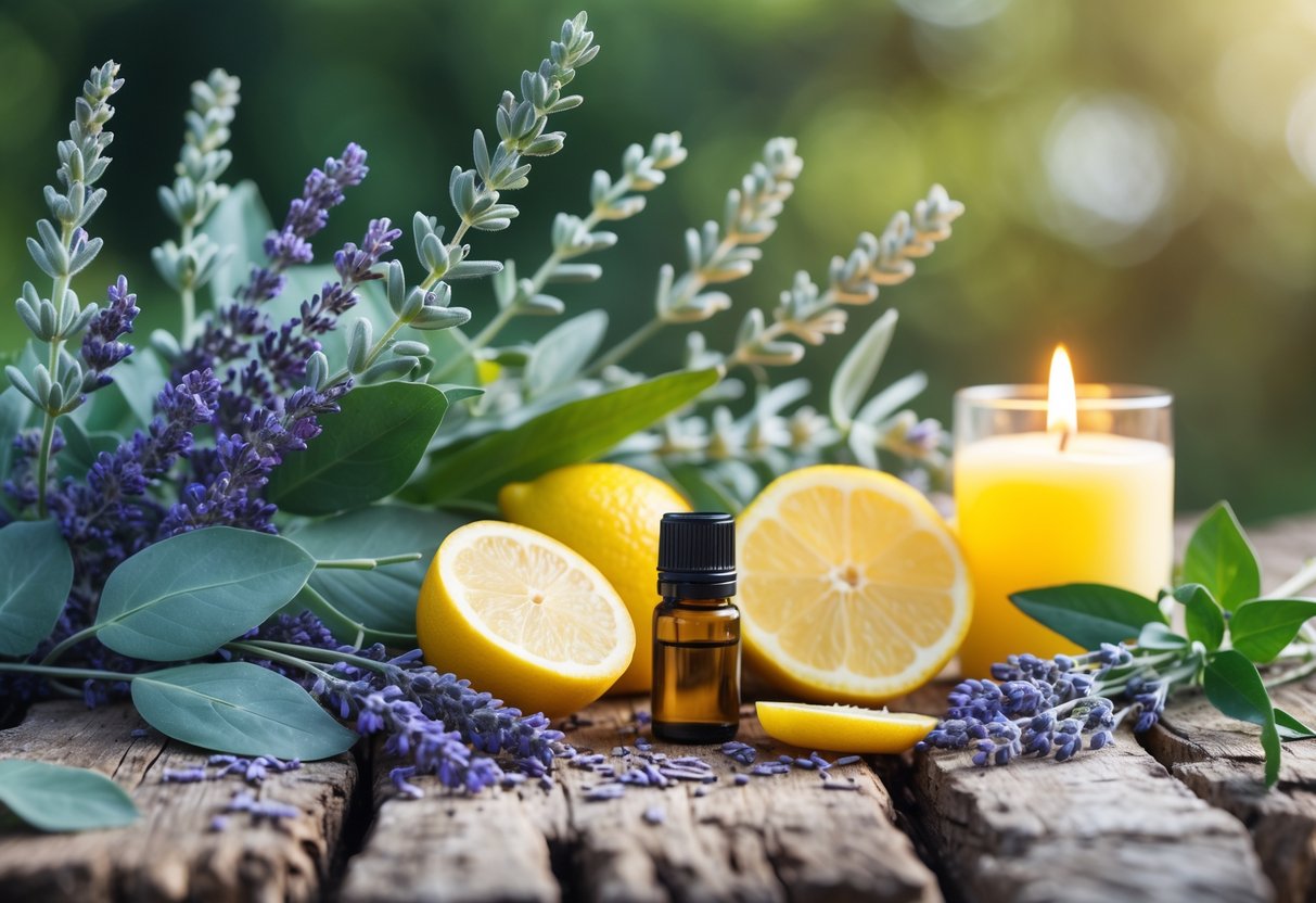 Close-up of lavender, eucalyptus leaves, citronella candles, lemon slices, and essential oil bottle arranged on a wooden surface outdoors.