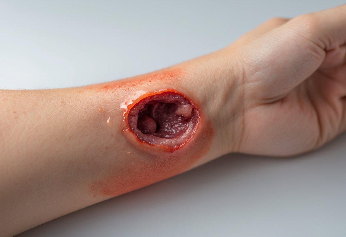 Close-up of a human forearm with a red, swollen, and inflamed bite wound showing signs of infection.