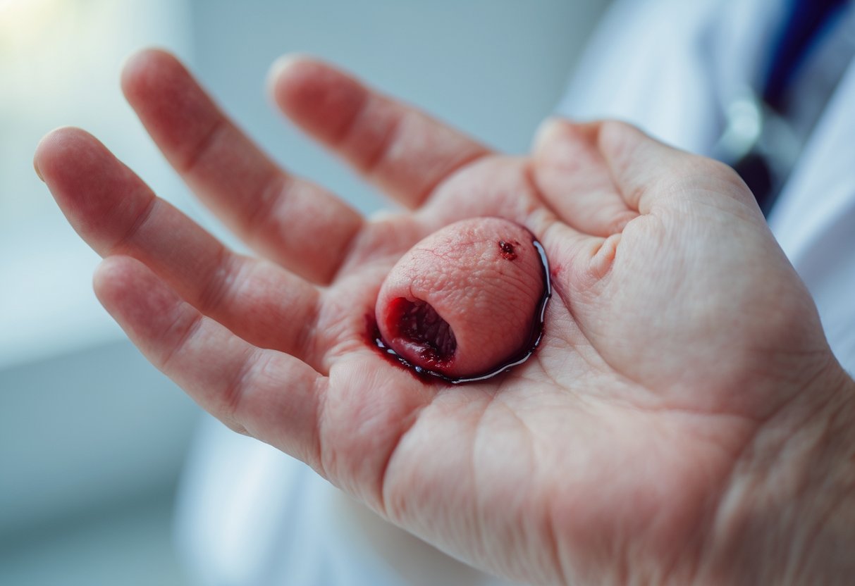 Close-up of a human hand with a red, swollen, and oozing infected bite wound.