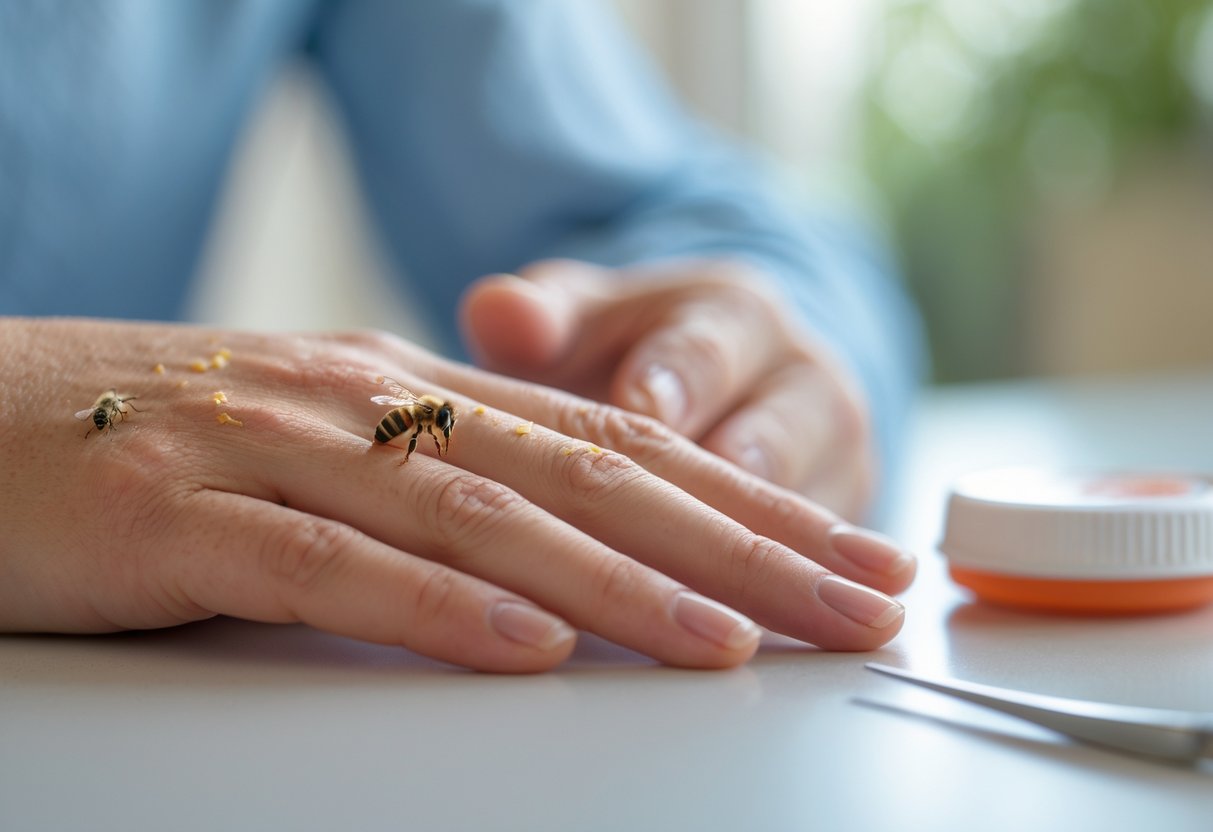 Close-up of a hand with a red, swollen bee sting and a first aid kit nearby.