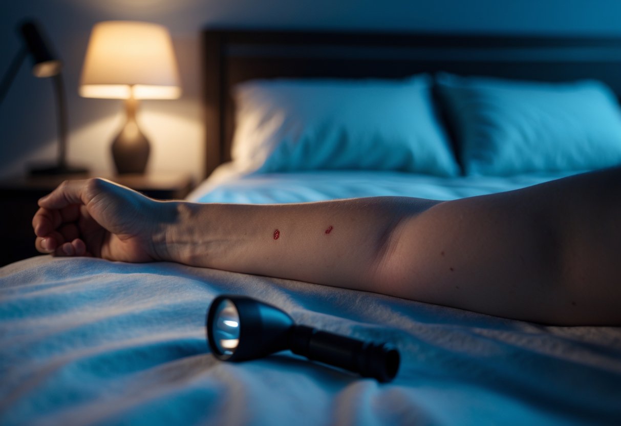 Close-up of a person's arm with red bite marks in a dimly lit bedroom at night.
