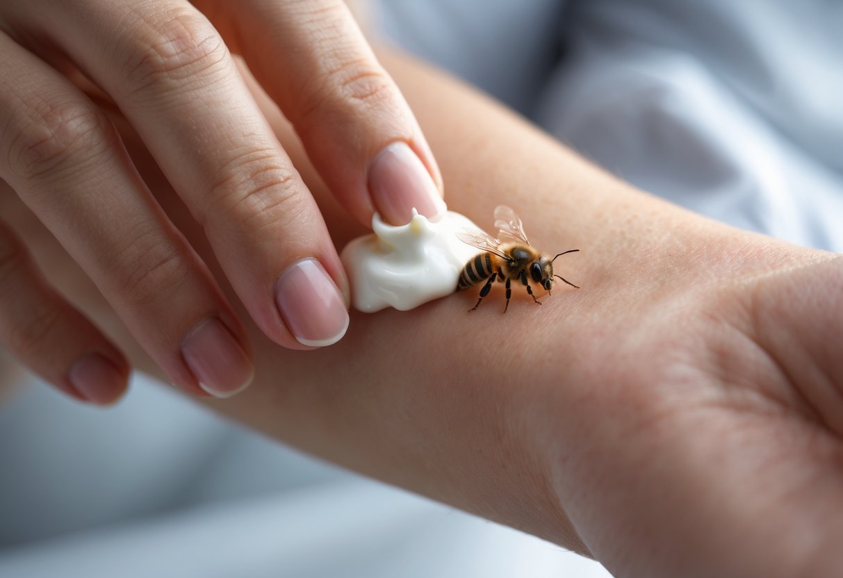 A person applying toothpaste to a red, swollen bee sting on their forearm.