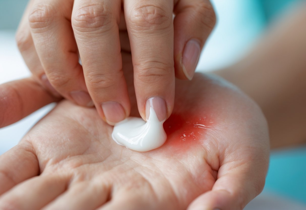 A person applying toothpaste to a red, swollen bee sting on their hand.