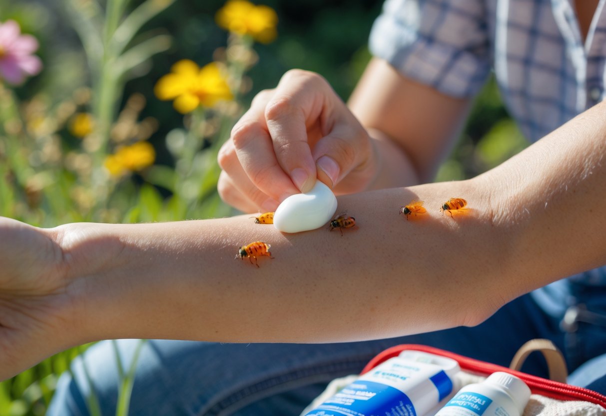 A person outdoors applying toothpaste to a red bee sting on their arm with a first aid kit nearby.