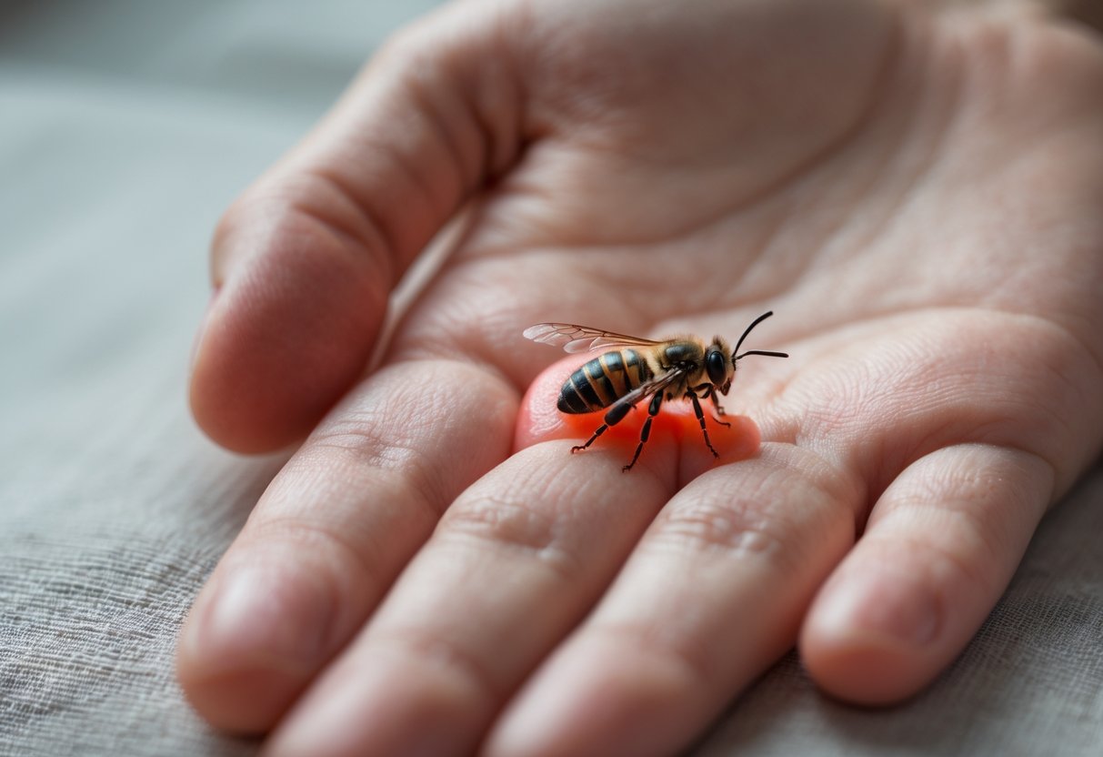 A close-up of a person's hand with a swollen, red bee sting on the back of the hand.
