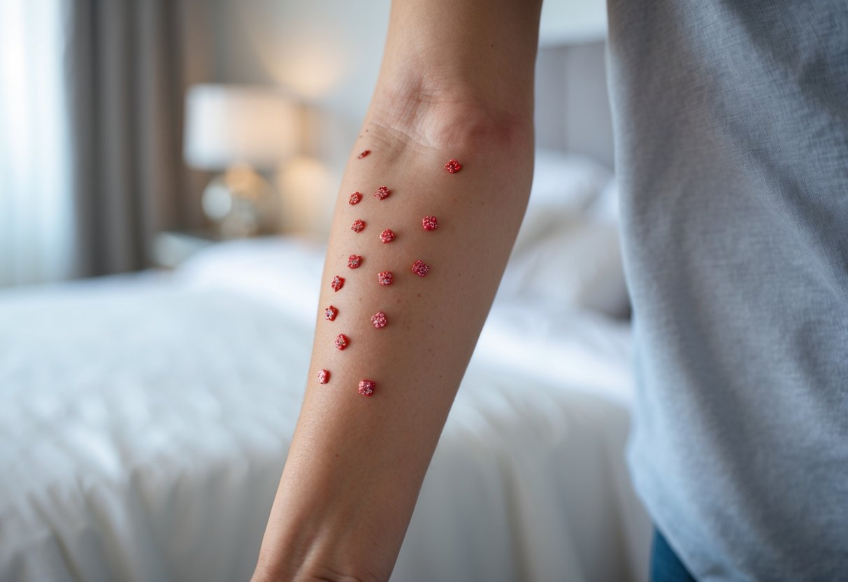 Close-up of an arm with red itchy bites in a bright bedroom with a neatly made bed and no visible insects.