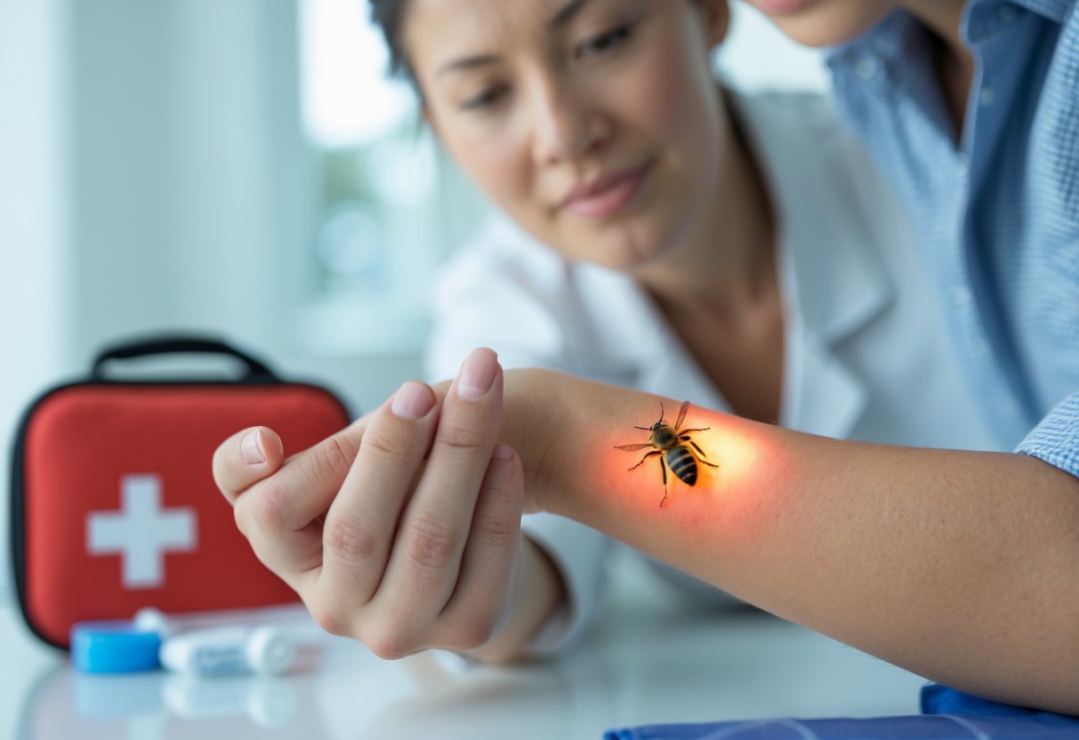A close-up of a person's swollen and red bee sting on their hand being examined, with a first aid kit visible in the background.