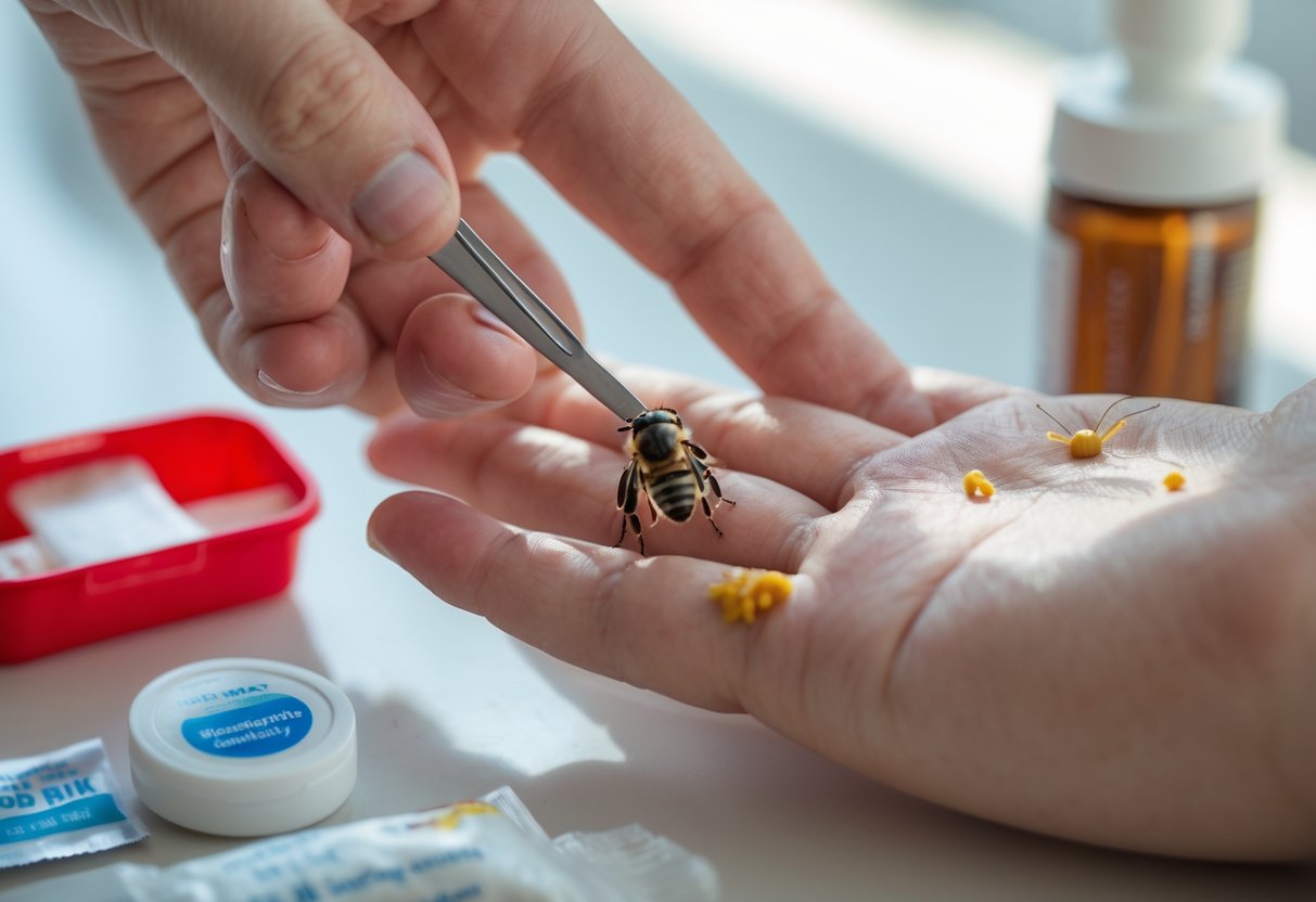 A person removing a bee stinger from their hand with tweezers next to a first aid kit.