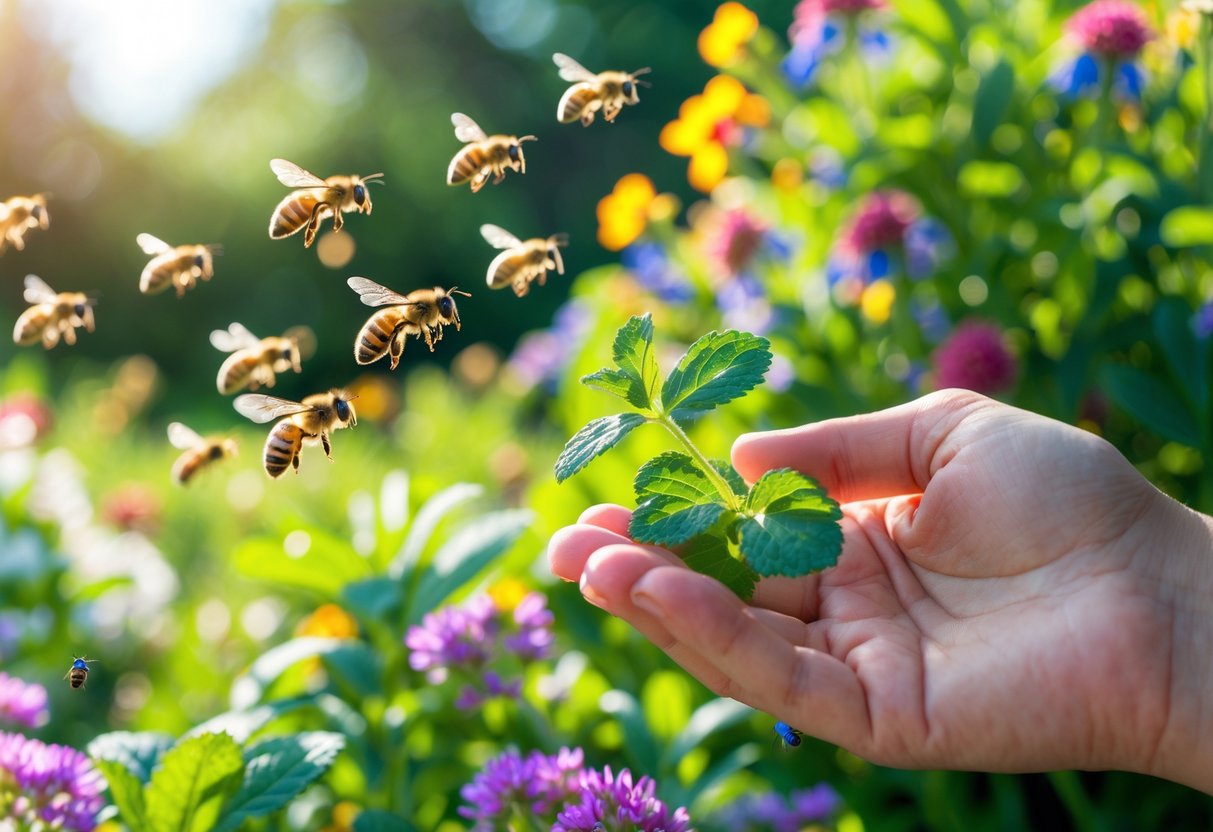 Close-up of honeybees near flowers with a hand holding peppermint leaves in a garden.
