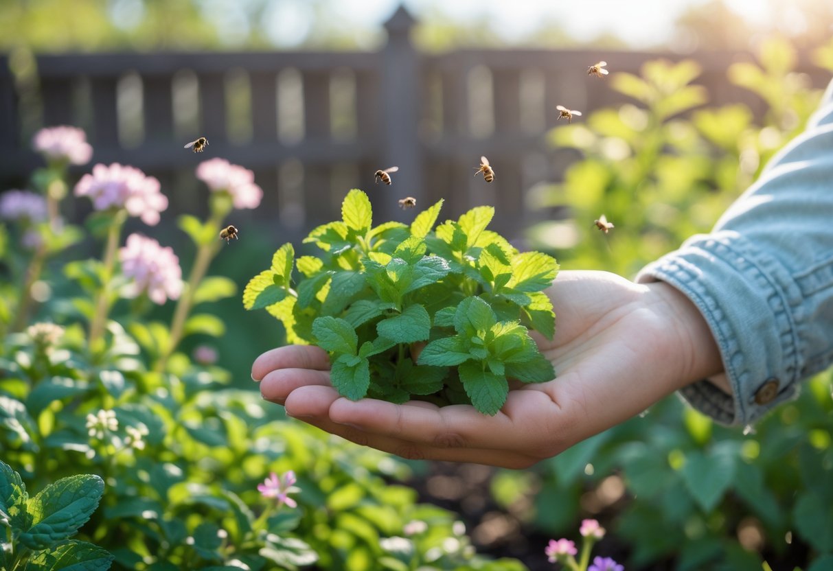 A hand holding fresh mint leaves in a garden with flowers and plants in the background.