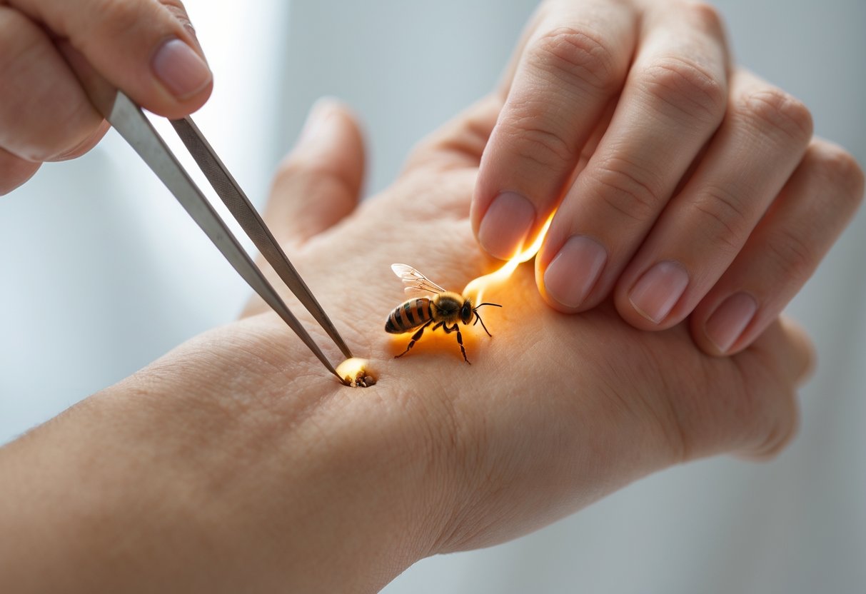 A close-up of a person's hand with a red bee sting, showing attempts to squeeze, burn, and scratch the sting.