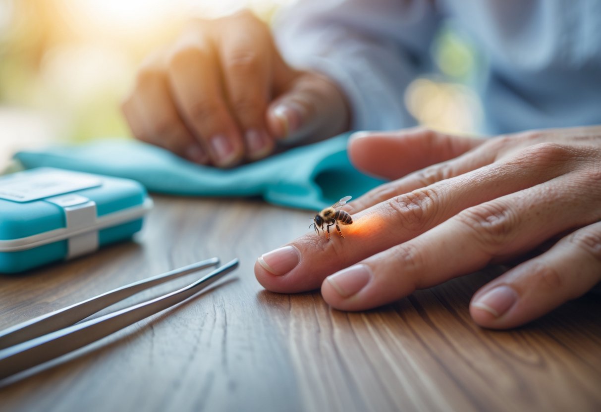Close-up of a hand with a bee sting showing redness and swelling, with tweezers and a first aid kit nearby on a wooden table.