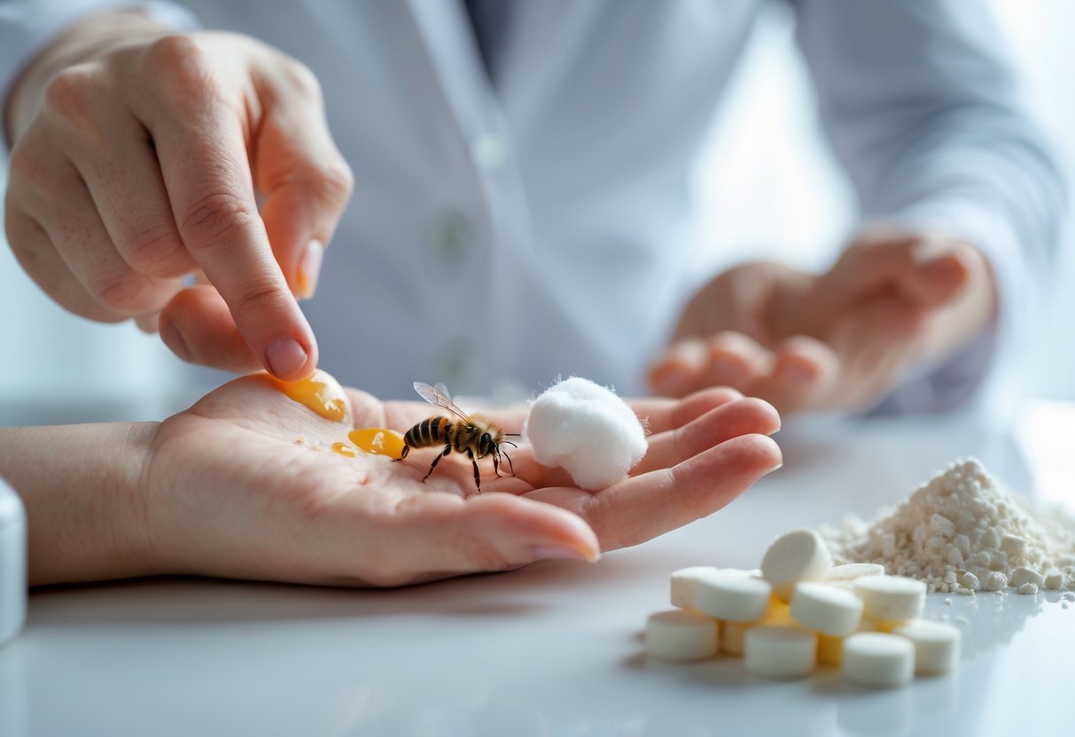 Close-up of a hand with a bee sting showing people making common mistakes like squeezing the sting and applying liquids.