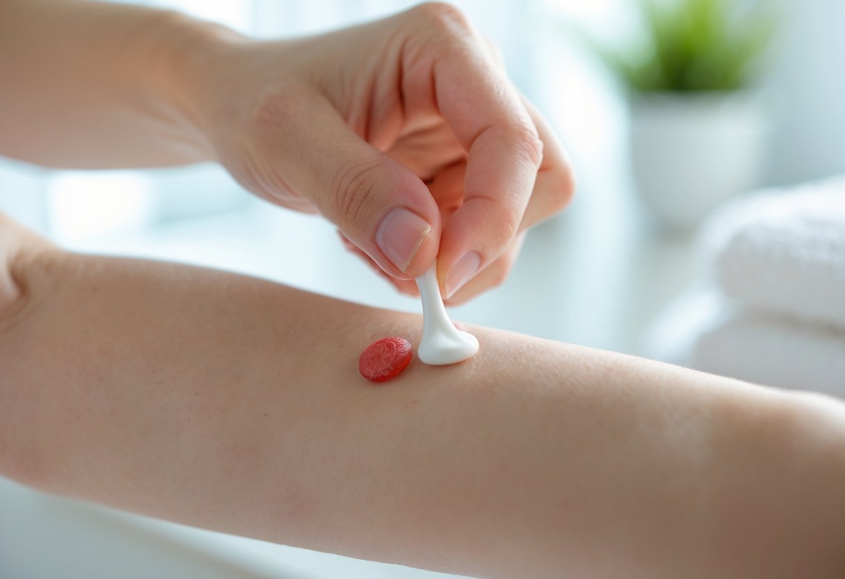 A person applying toothpaste to a red bug bite on their forearm in a bright home setting.