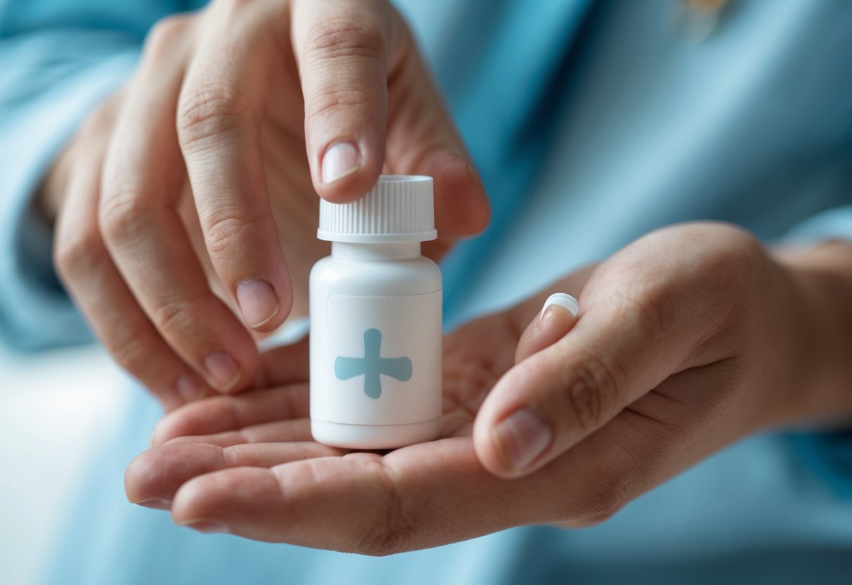 A person holding a pill bottle near a red, swollen bee sting on their forearm.