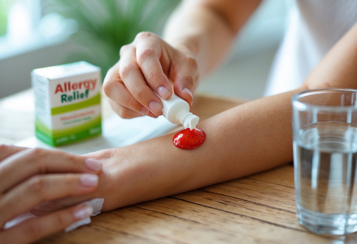 A person applying cream to a swollen bee sting on their forearm with a medicine box and glass of water on a nearby table.