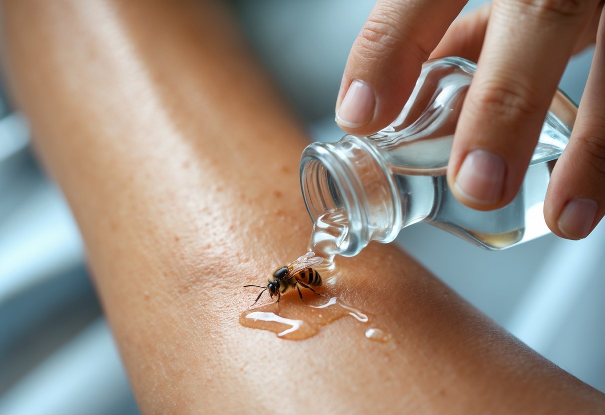 A person applying vinegar to an insect sting on their arm.