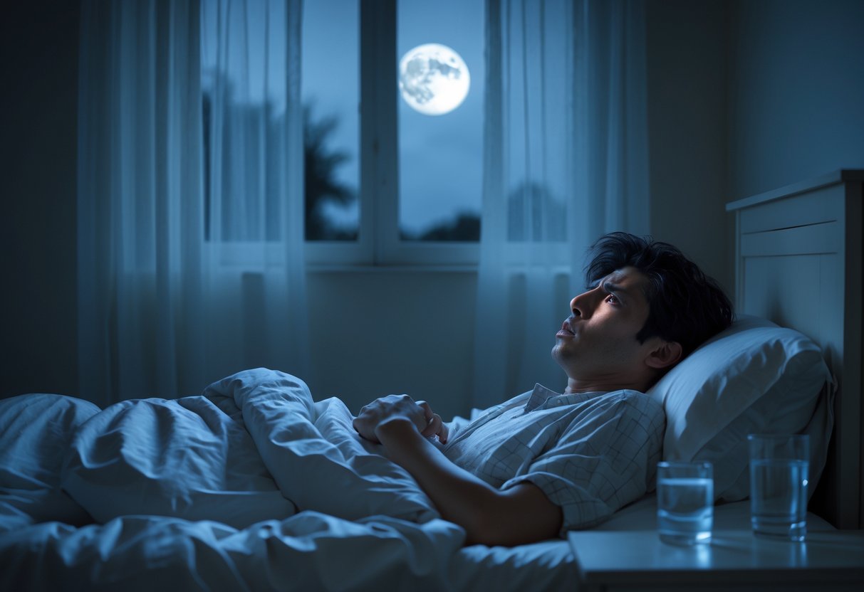 A person sitting up in bed at night looking worried and restless in a dimly lit bedroom.