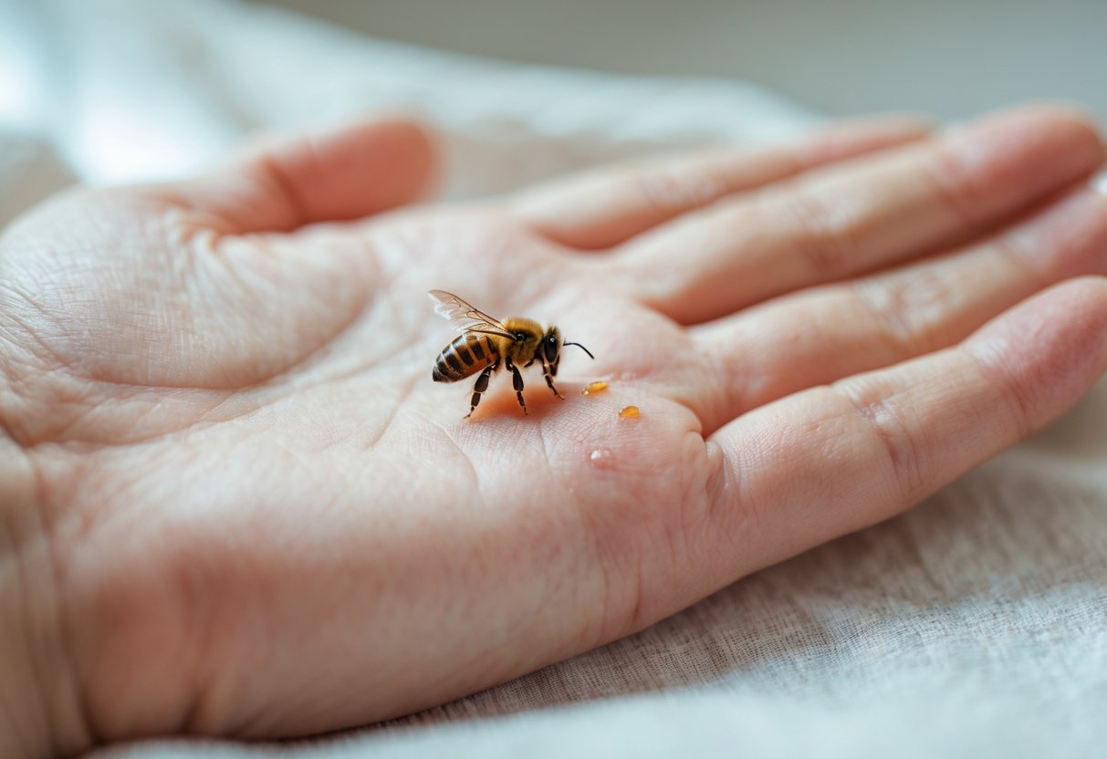 Close-up of a hand showing a small red bee sting on the skin with a honeybee blurred in the background.
