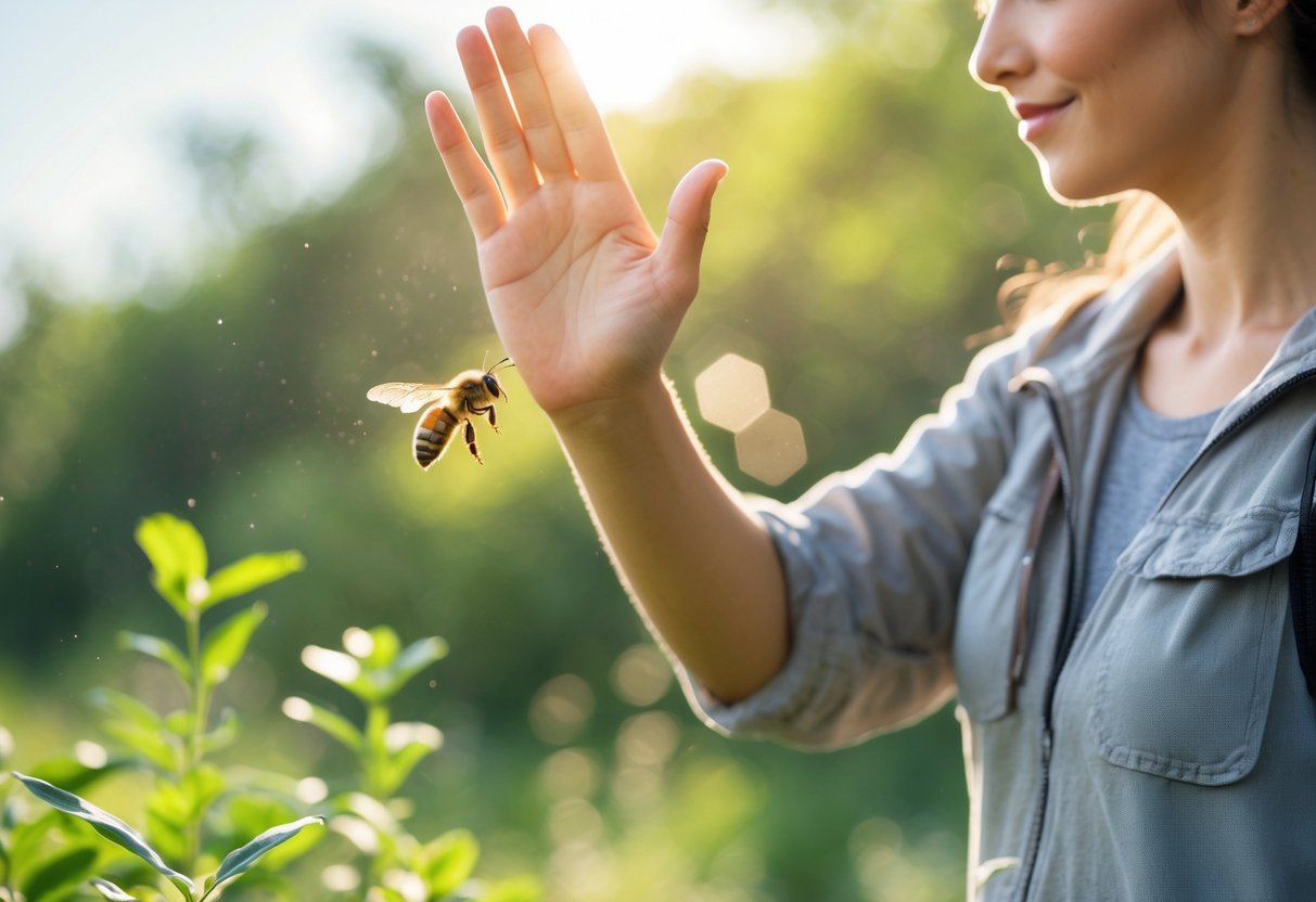A person outdoors calmly waving their hand near a bee flying close by.