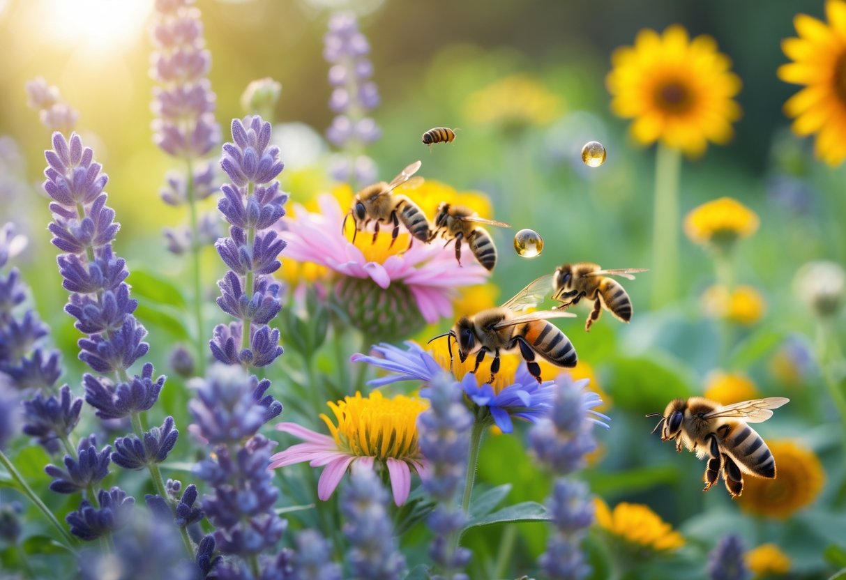 Bees collecting nectar from colorful flowers in a garden.