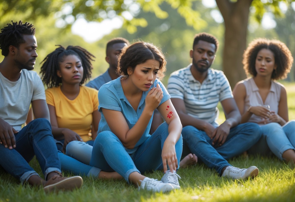 A group of people sitting outdoors in a park, with one person looking confused while examining a bite mark on their arm.
