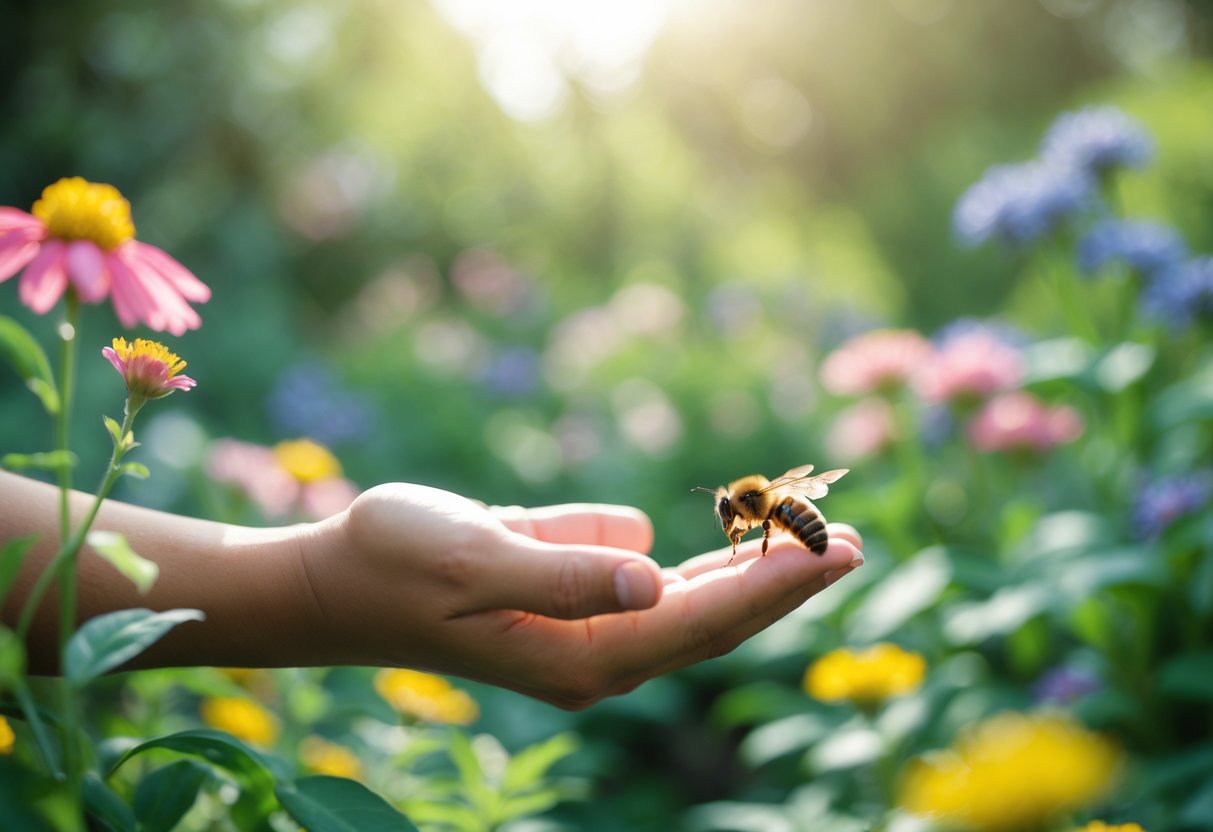 A person standing still in a garden with a bee hovering near their hand.