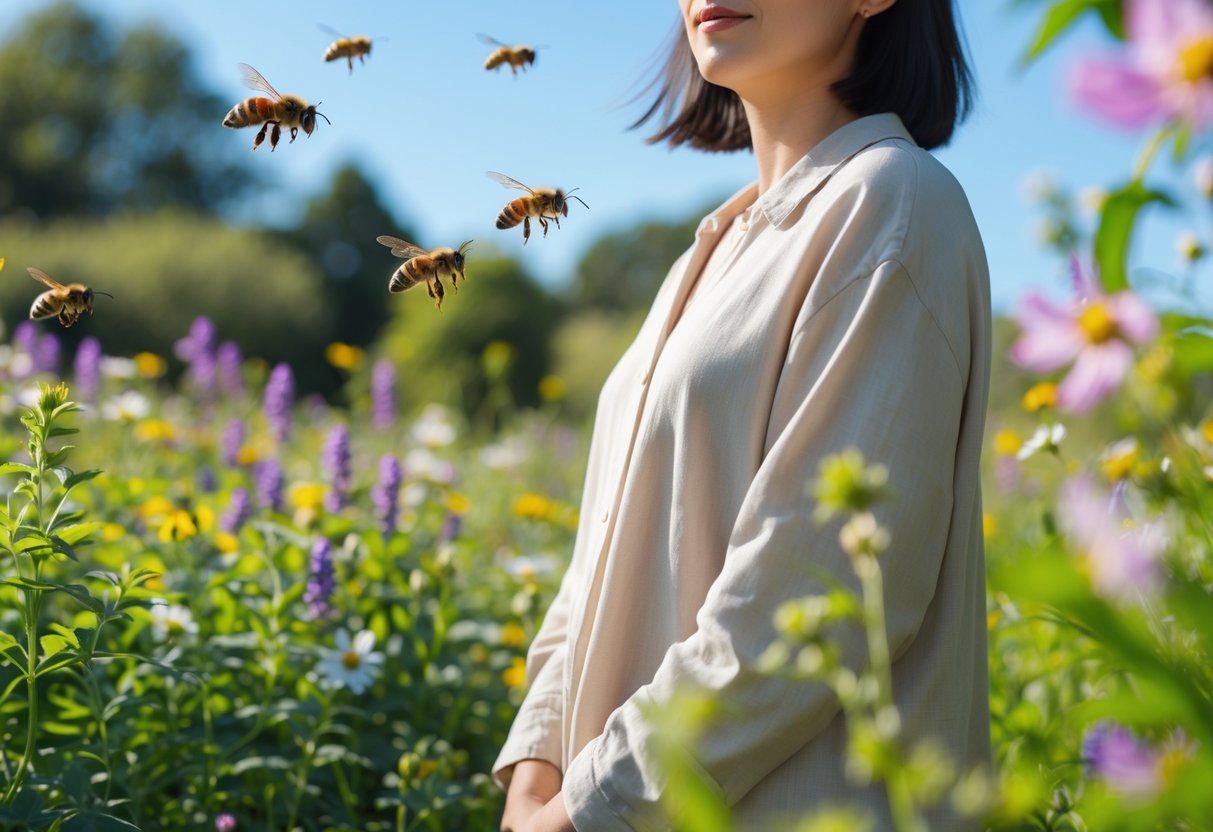 A person standing calmly in a flower-filled garden with bees flying around nearby.