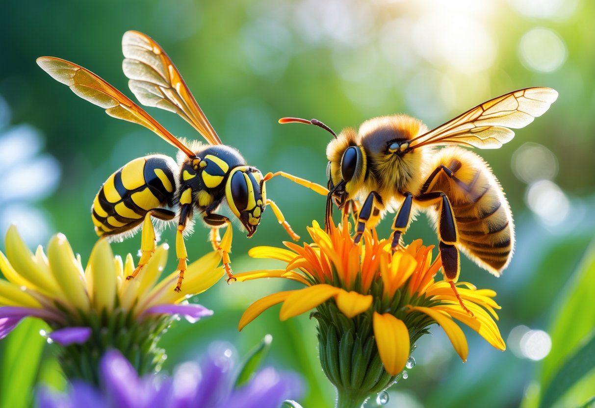 A close-up of a wasp and a honeybee on colorful flowers in a garden.