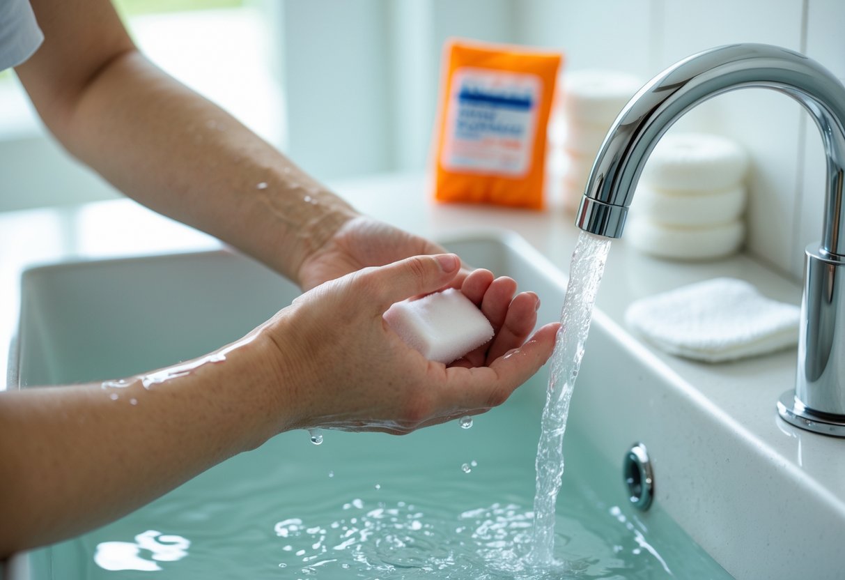 A person washing a small bite wound on their forearm at a bathroom sink with first aid supplies nearby.