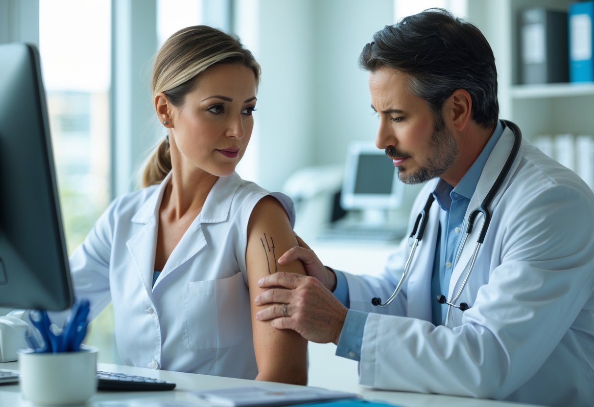A doctor examines a patient's arm in a medical office during a follow-up consultation after a bite.