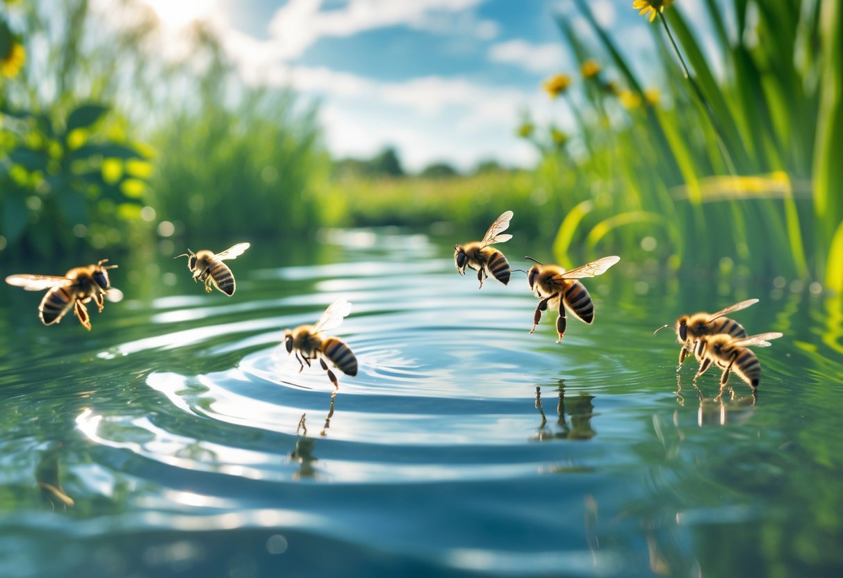 Bees hovering just above a calm freshwater surface surrounded by green plants and wildflowers.