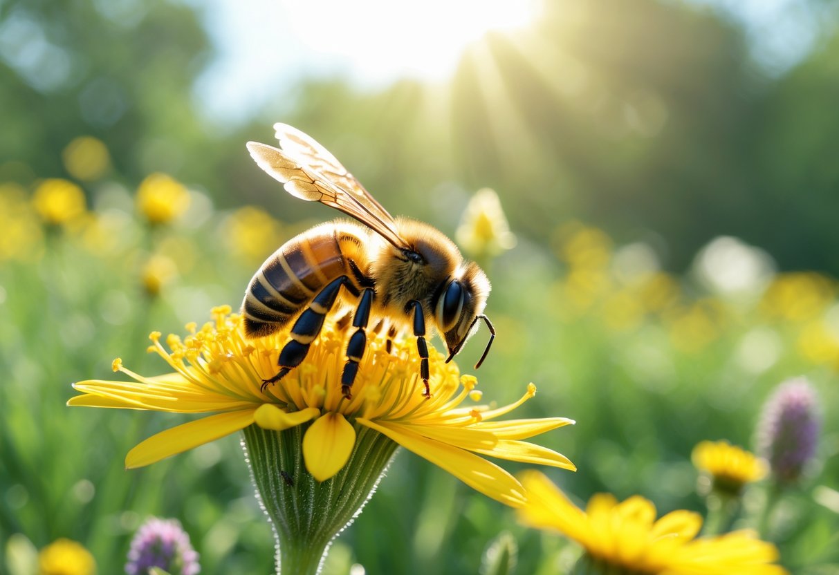 A close-up of a honeybee on a yellow flower in a sunlit meadow with blurred flowers and greenery in the background.