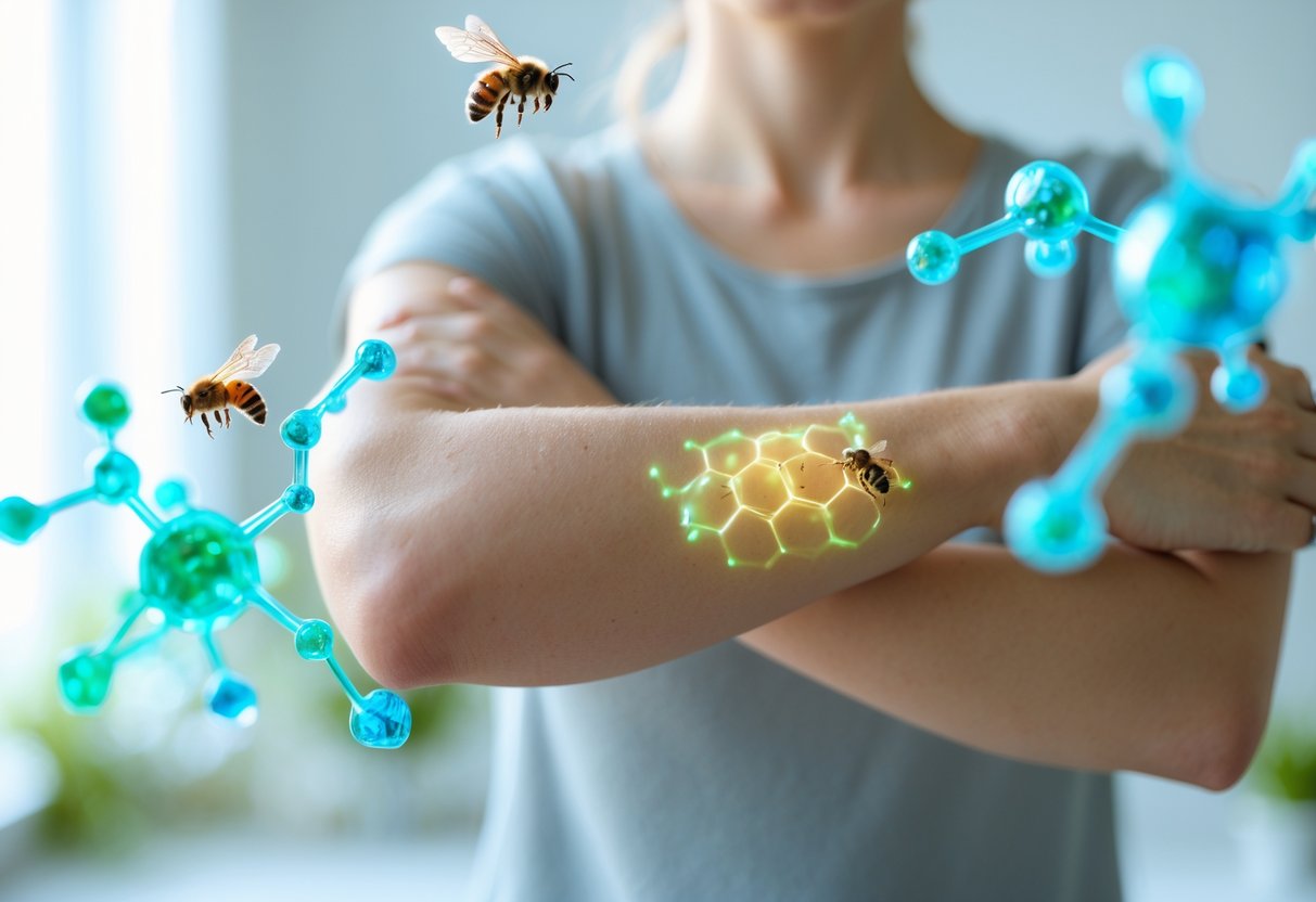 Close-up of a person's arm with a small bee sting mark, surrounded by glowing molecular structures symbolizing venom leaving the body.