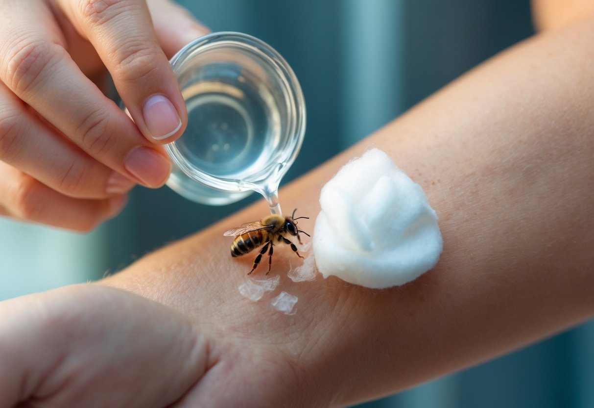 A person applying vinegar with a cotton ball to a red, swollen bee sting on their forearm.