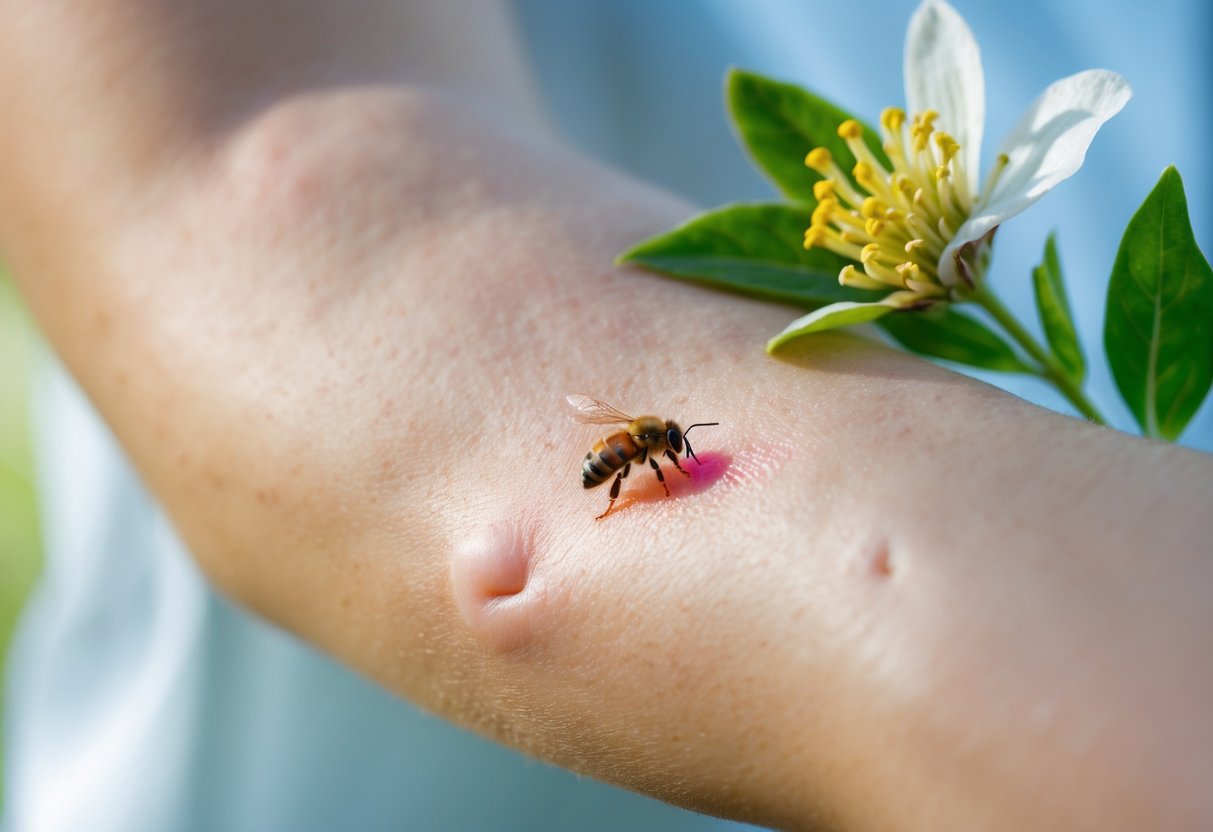 Close-up of a person's arm with a visible bee sting and slight redness, with a honeybee on a nearby flower.