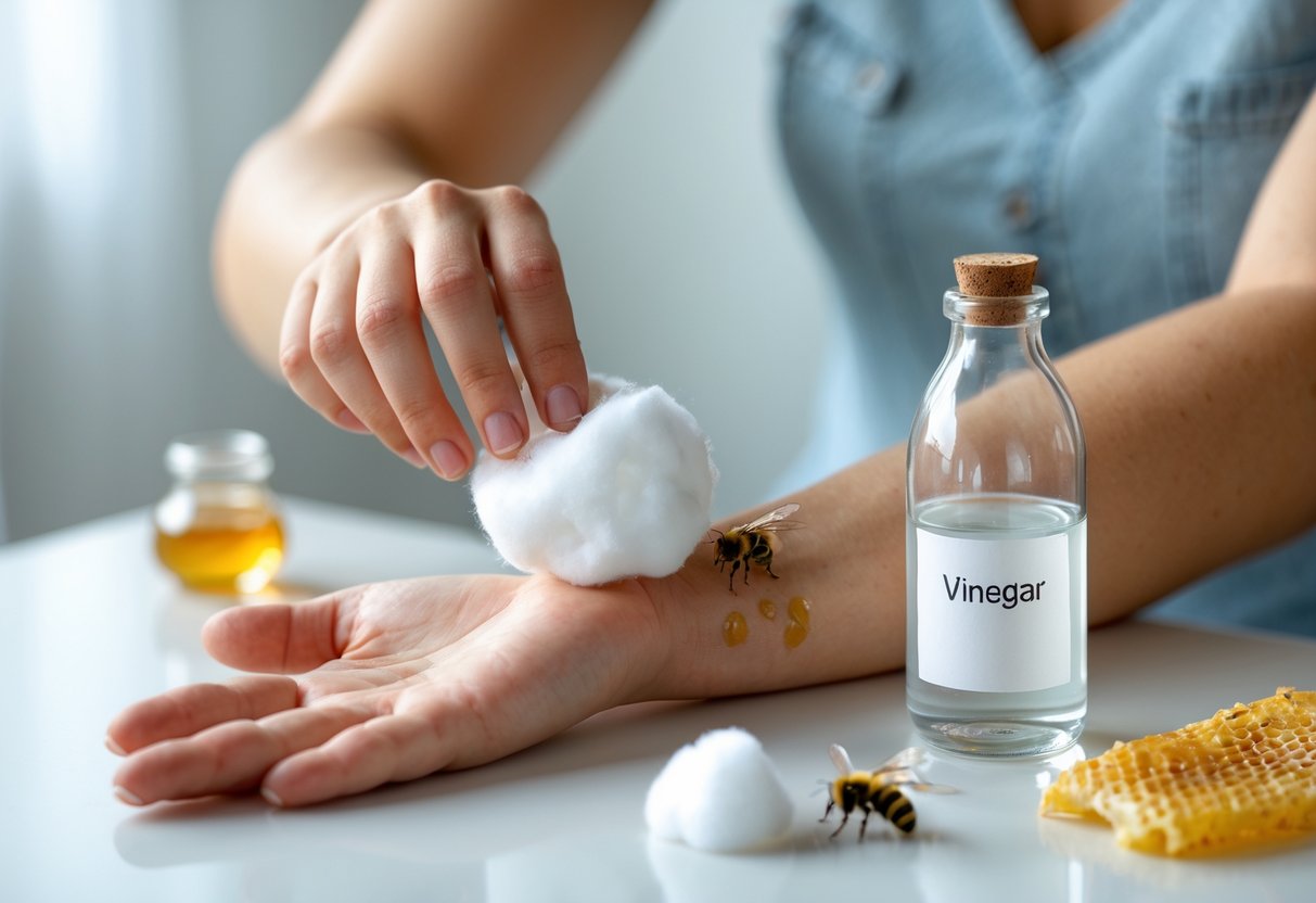 A person applying vinegar with a cotton ball to a red, swollen bee sting on their arm.