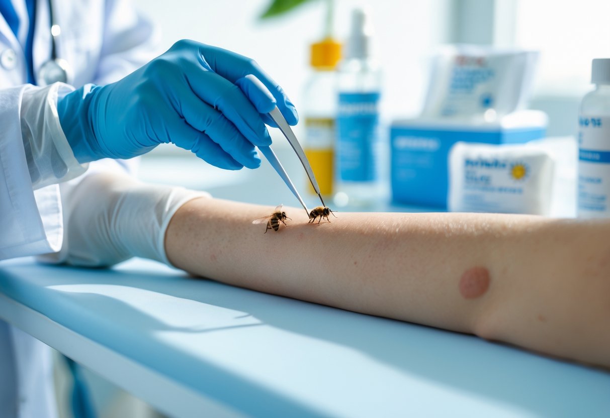 A healthcare professional removing a bee sting from a patient's arm in a medical setting with first aid supplies visible.