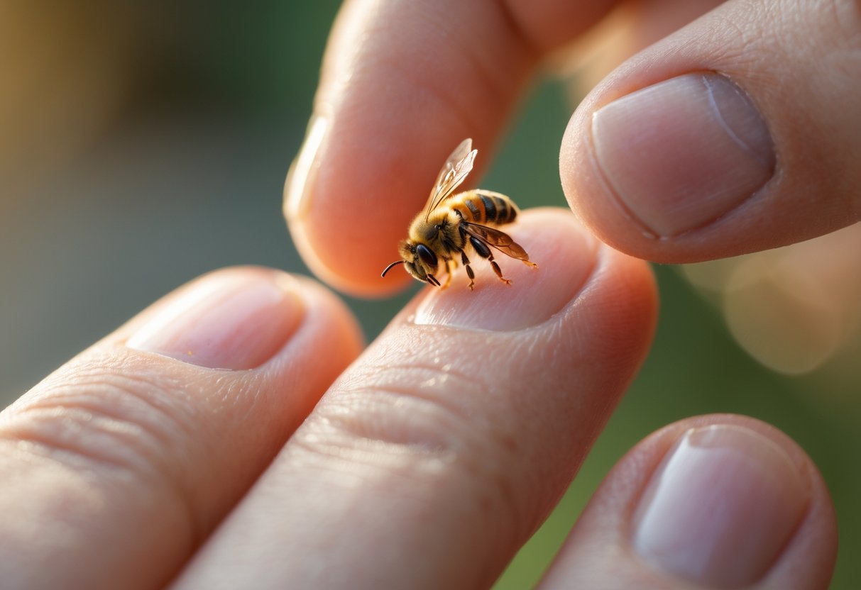 Close-up of a fingertip with a bee stinger embedded, being gently examined by a hand.